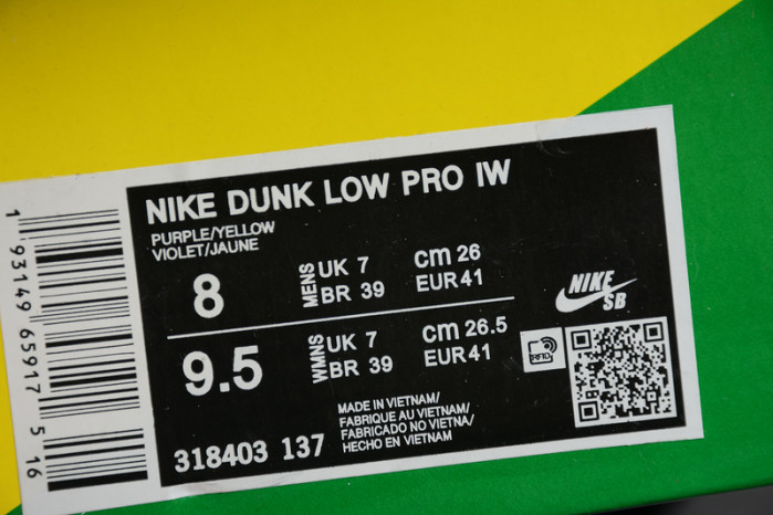 2020 nike sb dunk low pro iw purple/yellow- violet- pink 318403-137